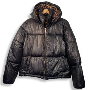 Women's CI SONO Black Puffer Jacket w/ Leopard Print Hood - Medium